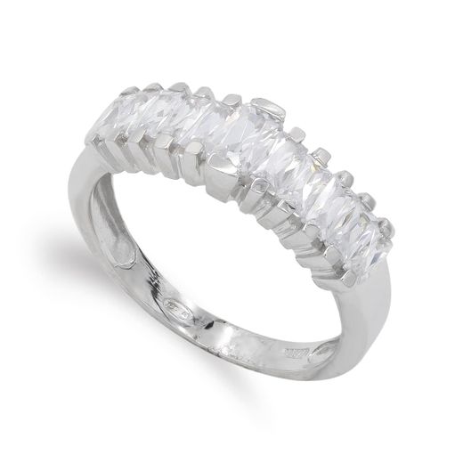 18K Sortija Oro Blanco Barras En Escalera Con Circonitas. Ancho: 6,5 Mm