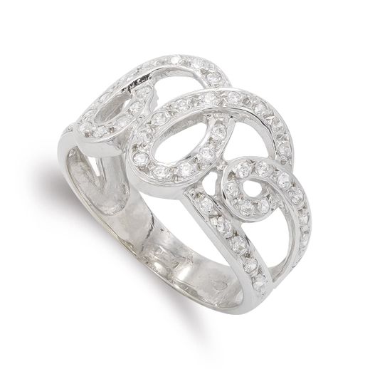 18K Sortija Oro Blanco Calada Con Circonita. Ancho: 12,5 Mm
