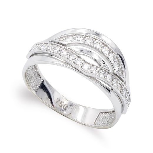 18K Sortija Oro Blanco Calada Con Circonitas. Ancho: 10 Mm