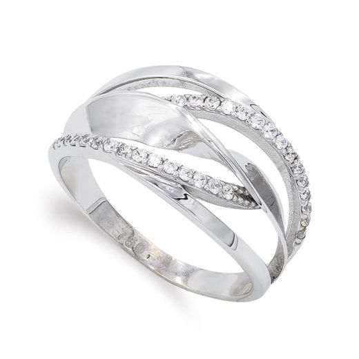 18K Sortija Oro Blanco Calada Con Circonitas. Ancho: 12 Mm
