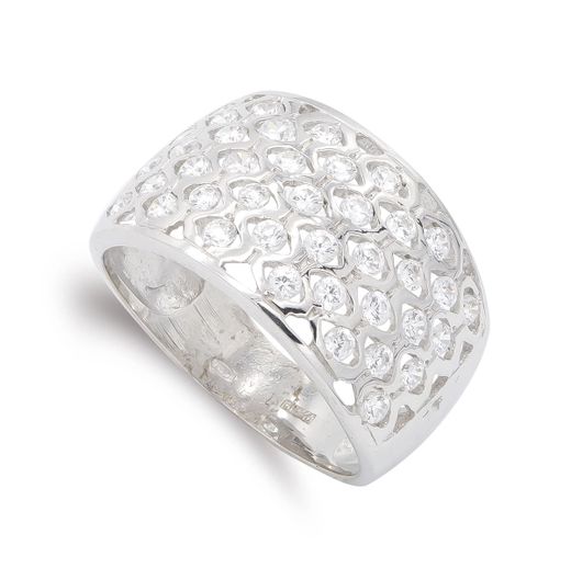 18K Sortija Oro Blanco Calada Con Circonitas. Ancho: 13 Mm