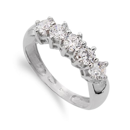 18K Sortija Oro Blanco Cinco Circonita En Garras Ancho: 5 Mm