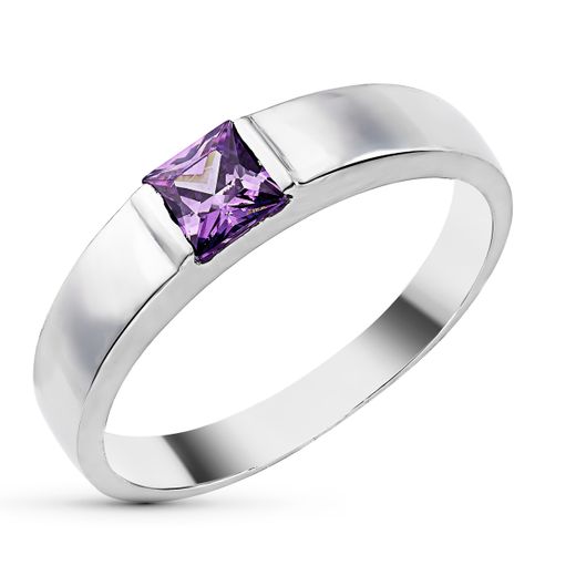 18K Sortija Oro Blanco Circonita Amatista Cuadrada. Ancho: 4 Mm