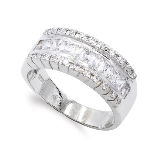 18K Sortija Oro Blanco Circonita Baguette Y Redondas. Ancho: 8 Mm