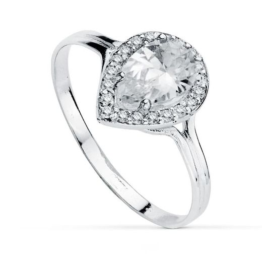 18K Sortija Oro Blanco Circonita Lagrima. Medida 10X 8 Mm