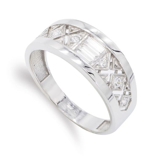 18K Sortija Oro Blanco Circonitas Baguette. Ancho: 8 Mm