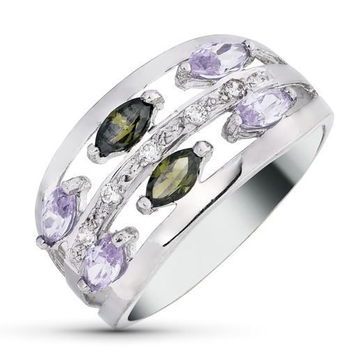 18K Sortija Oro Blanco Circonitas Color Olivina Y Malva Talla Marquise. Ancho: 11 Mm