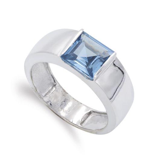 18K Sortija Oro Blanco Con Aguamarina Cuadrada. Ancho: 8 Mm
