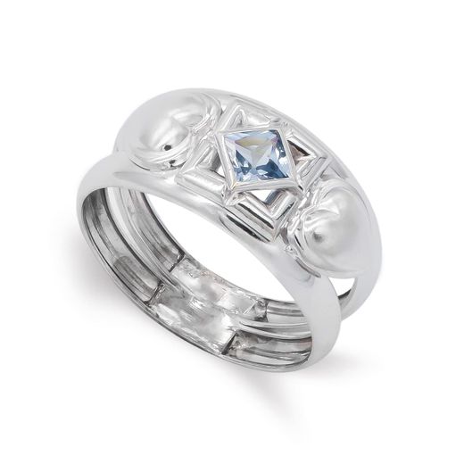 18K Sortija Oro Blanco Con Circonita Aguamarina. Ancho: 10 Mm
