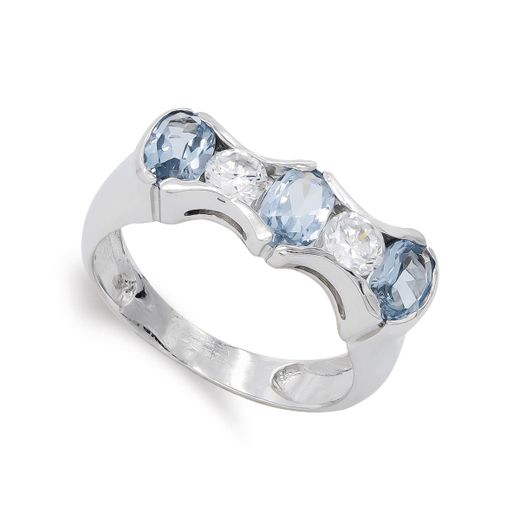 18K Sortija Oro Blanco Con Circonita Aguamarina Y Blancas. Ancho: 7 Mm