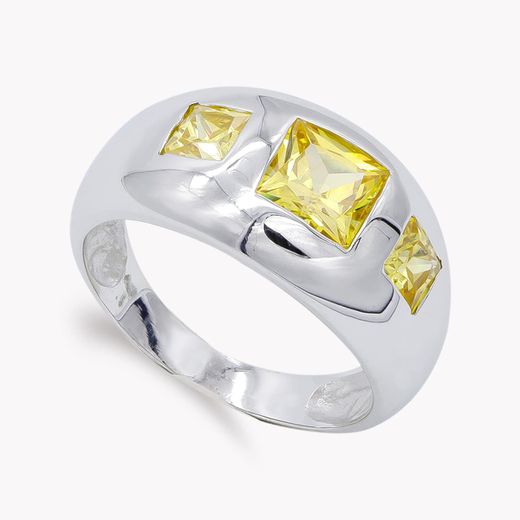 18K Sortija Oro Blanco Con Circonita Amarillas. Ancho: 11 Mm