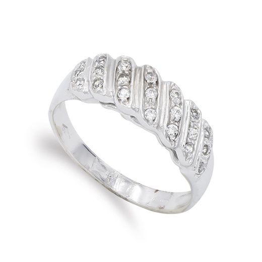 18K Sortija Oro Blanco Con Circonita. Ancho: 6 Mm