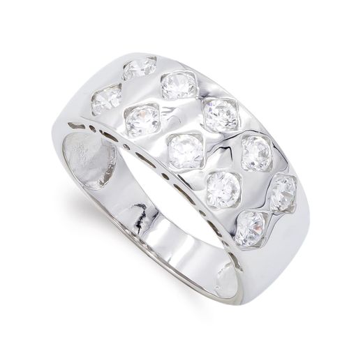 18K Sortija Oro Blanco Con Circonita Ancho 8 Mm