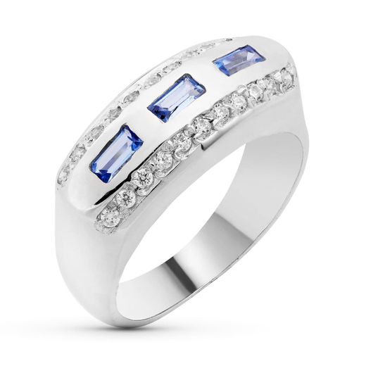 18K Sortija Oro Blanco Con Circonita Azules Baguette Y Blancas. Ancho: 8 Mm
