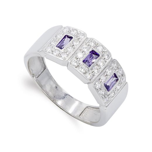18K Sortija Oro Blanco Con Circonita Color Amatista Y Blancas. Ancho: 8,5 Mm