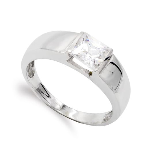 18K Sortija Oro Blanco Con Circonita Cuadrada. Ancho: 6 Mm