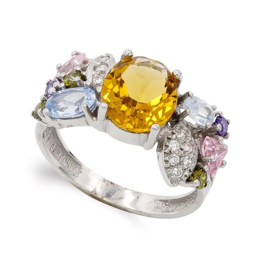 18K Sortija Oro Blanco Con Circonita De Colores. Ancho: 11 Mm