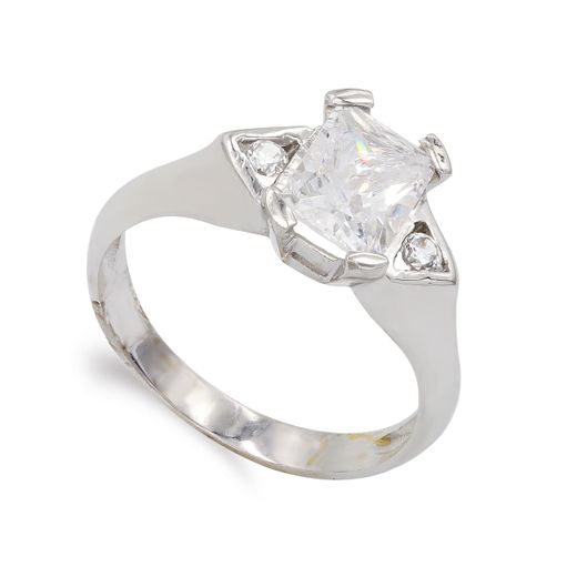 18K Sortija Oro Blanco Con Circonita En Garra. Ancho: 8 Mm