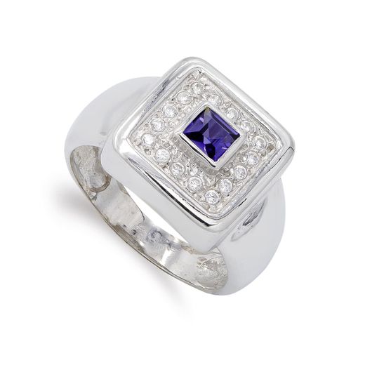 18K Sortija Oro Blanco Con Circonita Y Amatista. Motivo Cuadrado: 14X14 Mm