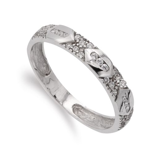 18K Sortija Oro Blanco Con Circonita Y Detalles En Brillo. Ancho 3.5 Mm