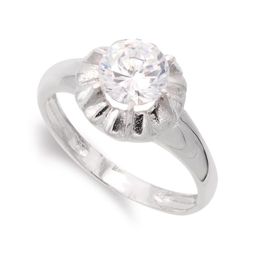 18K Sortija Oro Blanco Con Circonita Y Garras. Ancho: 10 Mm