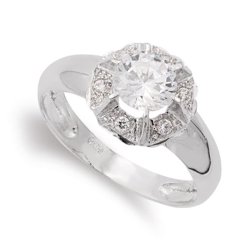 18K Sortija Oro Blanco Con Circonita Y Garras. Ancho: 11 Mm