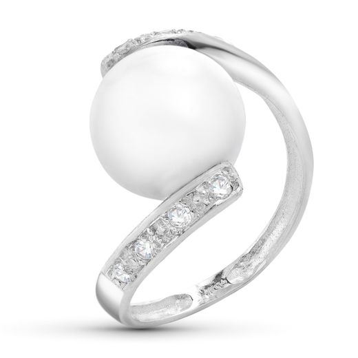 18K Sortija Oro Blanco Con Circonita Y Perla 10 Mm