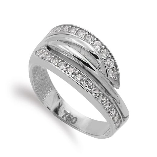 18K Sortija Oro Blanco Con Circonitas. Ancho 10 Mm
