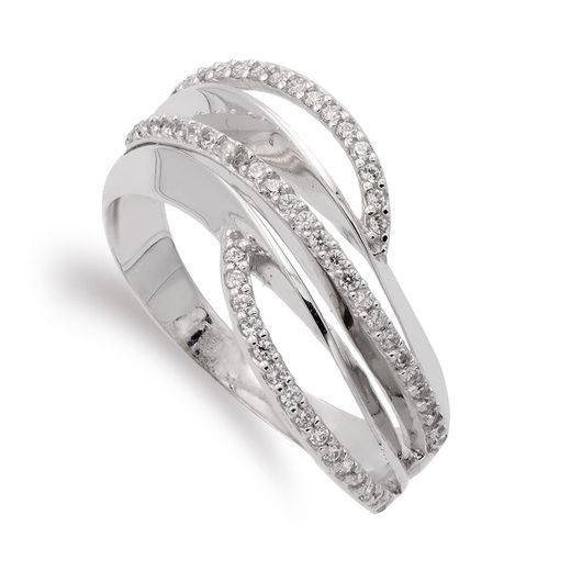 18K Sortija Oro Blanco Con Circonitas. Ancho: 10 Mm