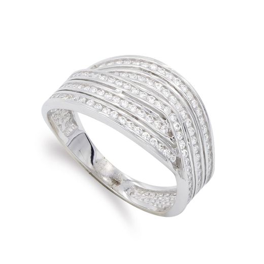 18K Sortija Oro Blanco Con Circonitas. Ancho: 10,5 Mm