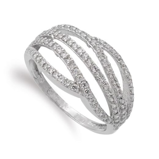 18K Sortija Oro Blanco Con Circonitas. Ancho: 10,5 Mm