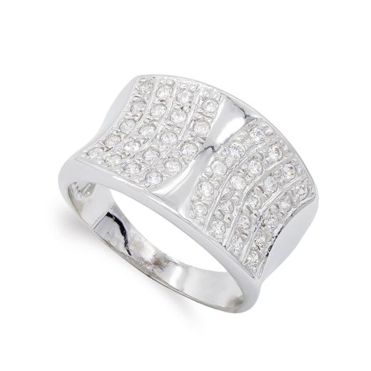 18K Sortija Oro Blanco Con Circonitas. Ancho: 14,5 Mm