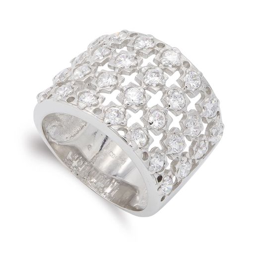18K Sortija Oro Blanco Con Circonitas. Ancho: 15 Mm