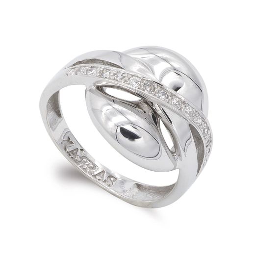 18K Sortija Oro Blanco Con Circonitas. Ancho: 15,5 Mm