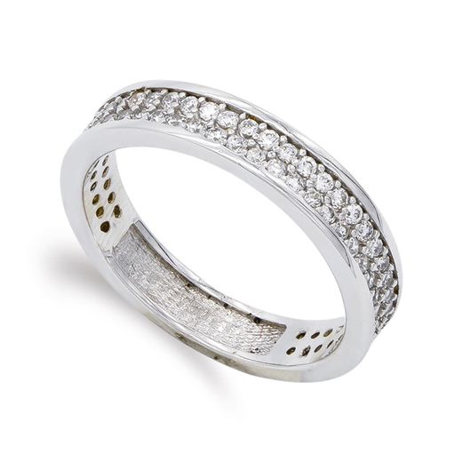 18K Sortija Oro Blanco Con Circonitas. Ancho: 4,5 Mm