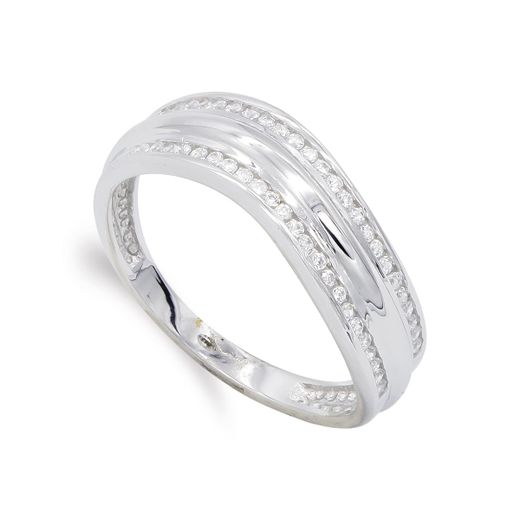 18K Sortija Oro Blanco Con Circonitas. Ancho: 6 Mm