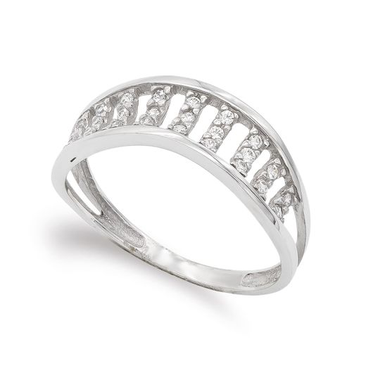 18K Sortija Oro Blanco Con Circonitas. Ancho: 6,5 Mm