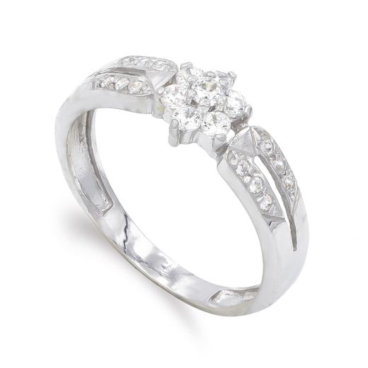 18K Sortija Oro Blanco Con Circonitas. Ancho: 6,5 Mm