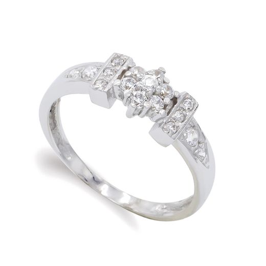18K Sortija Oro Blanco Con Circonitas. Ancho: 6,5 Mm