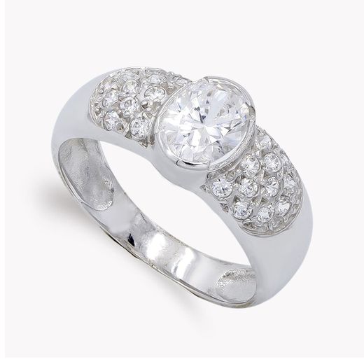 18K Sortija Oro Blanco Con Circonitas. Ancho: 7 Mm