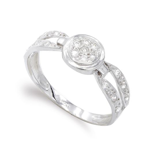 18K Sortija Oro Blanco Con Circonitas. Ancho: 7 Mm