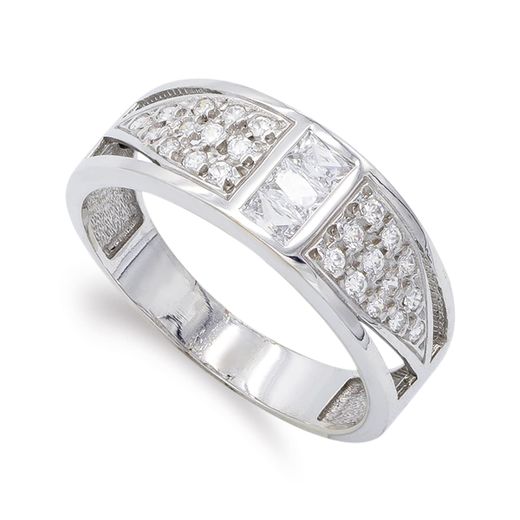 18K Sortija Oro Blanco Con Circonitas. Ancho: 7 Mm