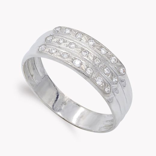 18K Sortija Oro Blanco Con Circonitas. Ancho: 7 Mm