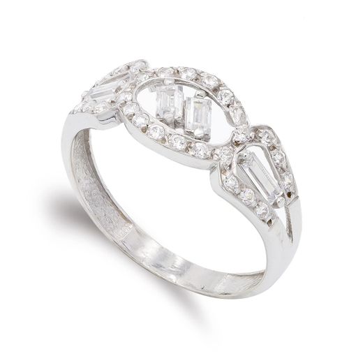 18K Sortija Oro Blanco Con Circonitas. Ancho: 8 Mm
