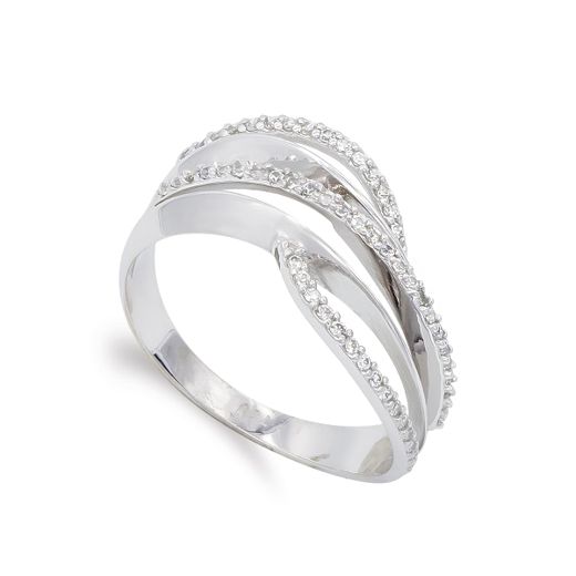 18K Sortija Oro Blanco Con Circonitas. Ancho: 9 Mm