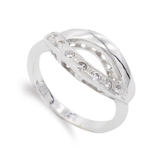 18K Sortija Oro Blanco Con Circonitas. Ancho: 9,5 Mm