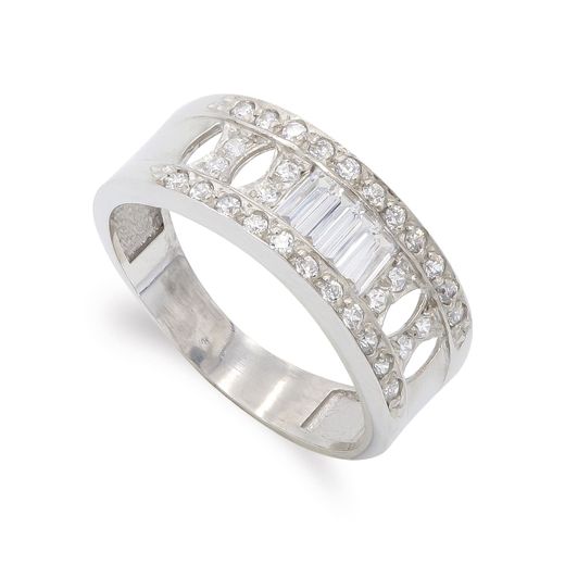 18K Sortija Oro Blanco Con Circonitas Baguette Y Redondas. Ancho: 7,5 Mm