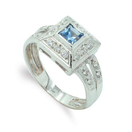 18K Sortija Oro Blanco Con Circonitasy Piedra Azul. Motivo Cuadrado 10X10 Mm