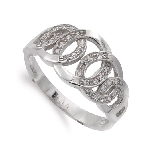 18K Sortija Oro Blanco Con Circulos Brillo Y Circonitas. Ancho 10 Mm