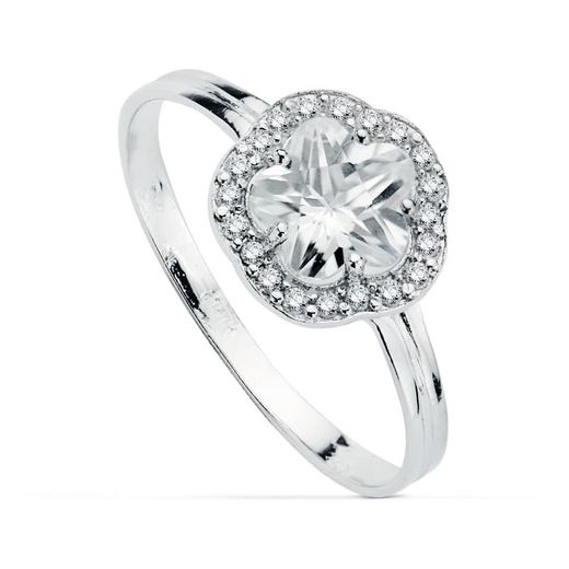 18K Sortija Oro Blanco Con Flor Y Circonitas. Ancho: 9 Mm